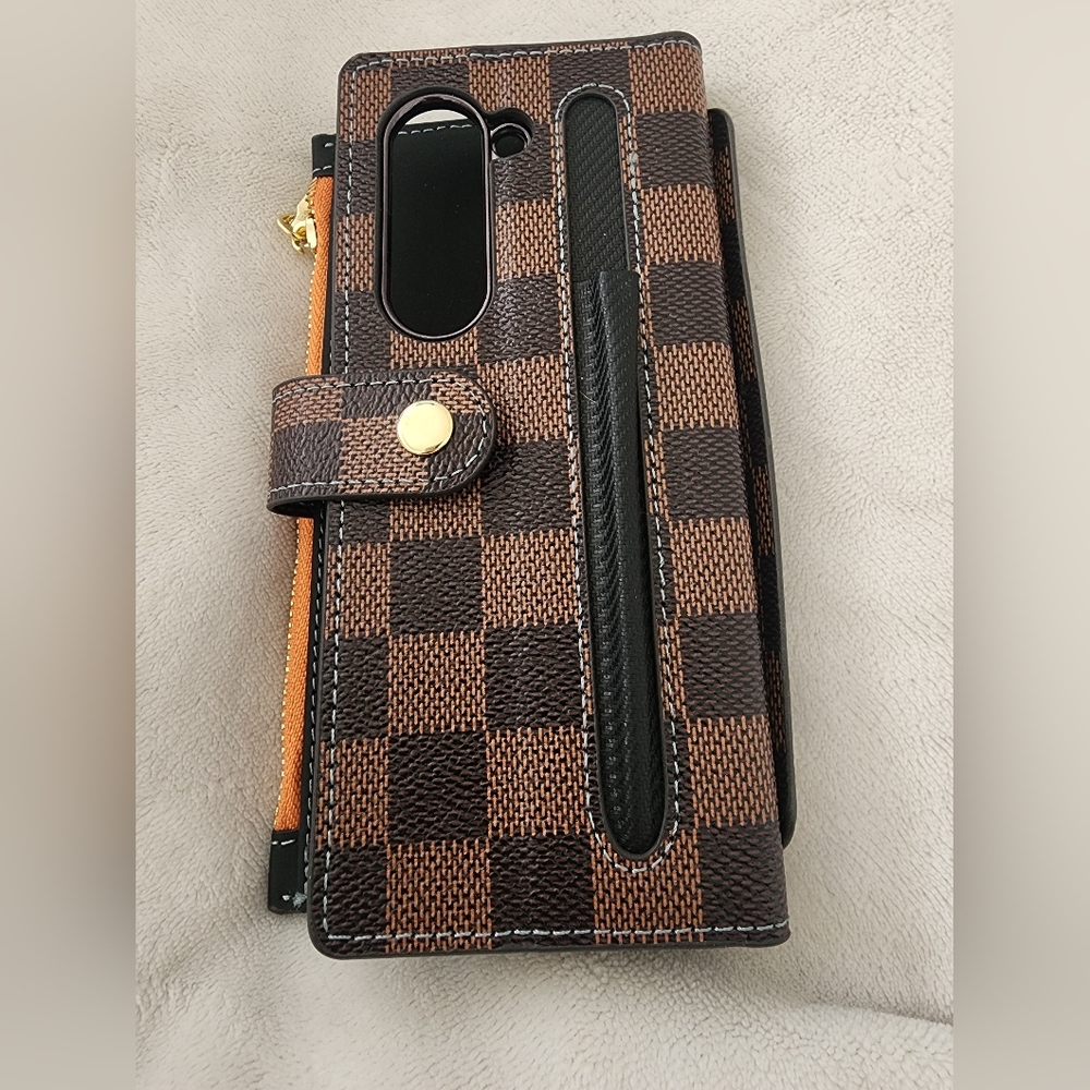 Designer Insp Brown Checkered SAMSUNG GALAXY Z Wallet Phone Case - Picture 2 of 5